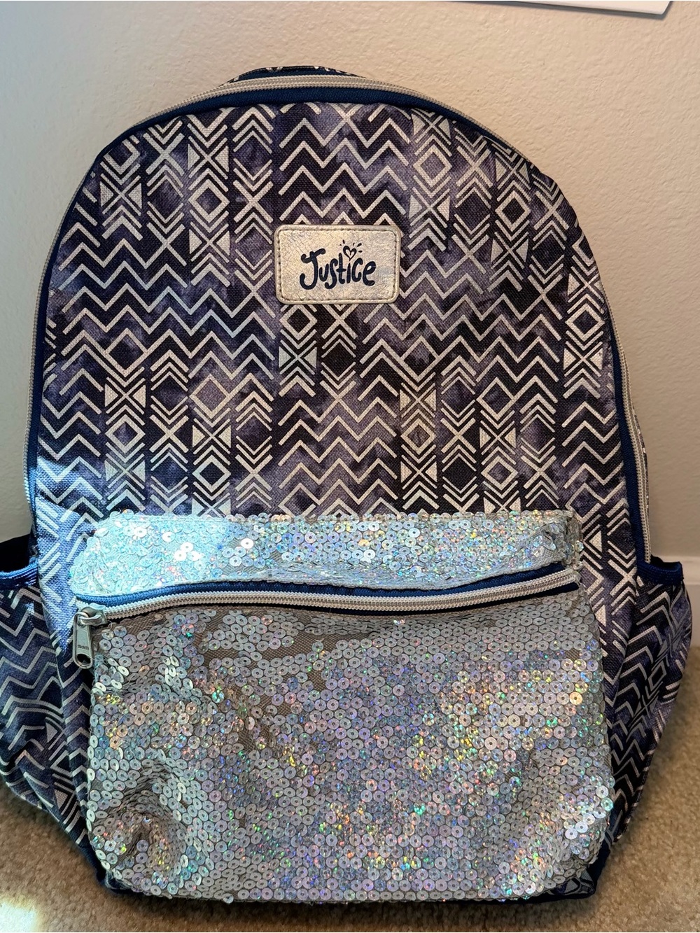 Justice Girls Navy Chevron Backpack with Silver Sequin Pocket